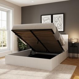 GFW End Lift Small Double White Upholstered Fabric Ottoman Bed Frame, Storage Bed with Hydraulic Lift and Stitched Headboard