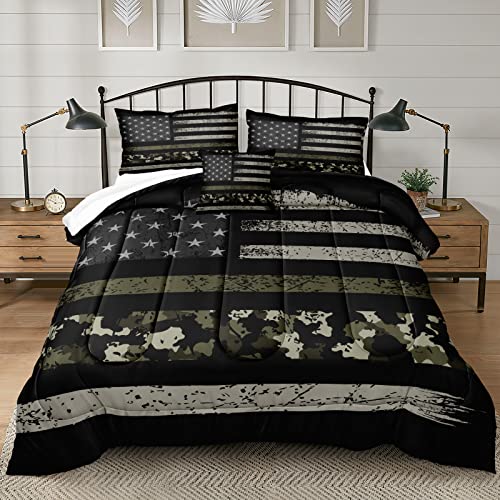Bedbay California King Comforter Set American Flag Comforter Retro Military Camo Comforter Black Grey Army Green Camouflage USA Flag Printed 3 Pcs Bedding Comforter Set (Camo,Cal-King)