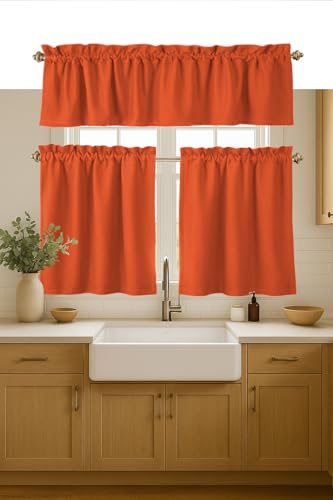 "Native Fab 3 Piece Window Curtain Tiers 26""x36"" and Valance 54""x18"" Set - Rod Pocket - Semi Sheer - Short Curtain for Kitchen, Cafe, Living Room - Orange"