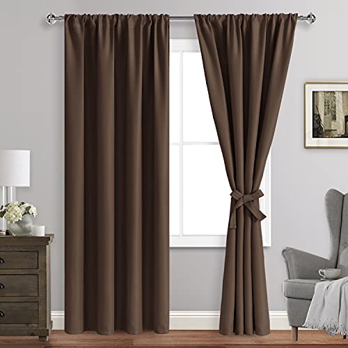 JIUZHEN Blackout Curtains for Bedroom - Thermal Insulated Room Darkening Rod Pocket Curtains for Living Room, Set of 2 Panels with Tiebacks, 42 x 84 Inch Length, Brown