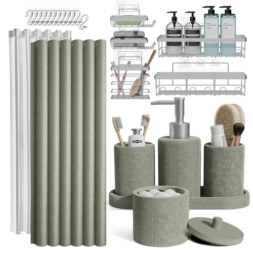 Clara Clark Sage Green Bathroom Set - Bathroom Accessories Set, 24PC Bathroom Accessory Set, Bathroom Sets with Shower Curtain Set, Adhesive Corner Shower Caddy Hanging & Soap Dispenser