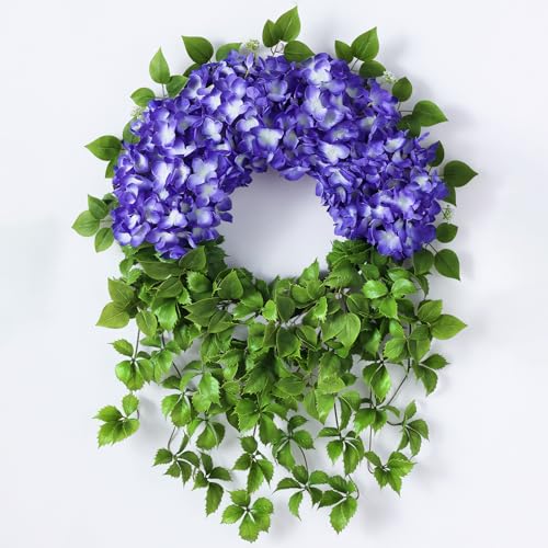 "Artificial Hydrangea Wreath for Front Door Outside - Fake Hydrangea Real Touch Ivy, Spring Summer Greenery Flowers Wreath, for Home Mantel Window Farmhouse Decor (23"", Purple)"