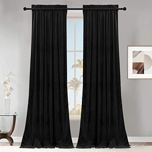 SMILETIME Black 108in Long Velvet Curtains with Rod Pocket Thermal Insulated Soft Privacy Light-Filtering Velvet Drapes for Bedroom and Living Room, Set of 2 Panels, 52 x 108 Inches Long
