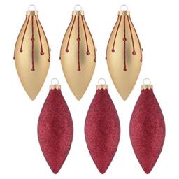 Mr Crimbo 6 Pack Christmas Tree Baubles Long Glass Decorations 13cm Red/Gold