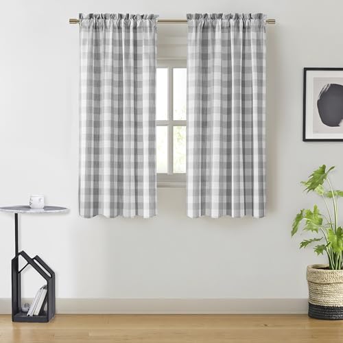 "Bapawfish Gray White Gingham Buffalo Plaid Check Window Curtains 63 Inch - Farmhouse Semi Sheer Drapes,Rustic Rod Pocket Window Treatment for Bedroom Living Room,2 Panels,40""x63"",Grey"