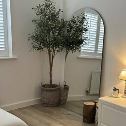 "MirrorOutlet The Arcus - Frameless Modern Full Length Arched Leaner/Wall Mirror 71"" X 35"" (180CM X 90CM) Silver Mirror Glass with Black wooden Backing - Polished Edging"