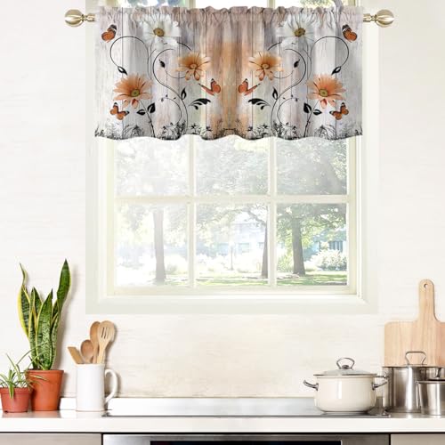 "AAtter Orange Floral Kitchen Valance Curtain for Window Terracotta Flower Rustic Country White Daisy Butterfly Small Short Home Living Room Bedroom Bathroom Drape Fabric 1 Panel, 52"" W x 18"" L, Cute"