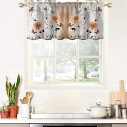 "AAtter Orange Floral Kitchen Valance Curtain for Window Terracotta Flower Rustic Country White Daisy Butterfly Small Short Home Living Room Bedroom Bathroom Drape Fabric 1 Panel, 52"" W x 18"" L, Cute"