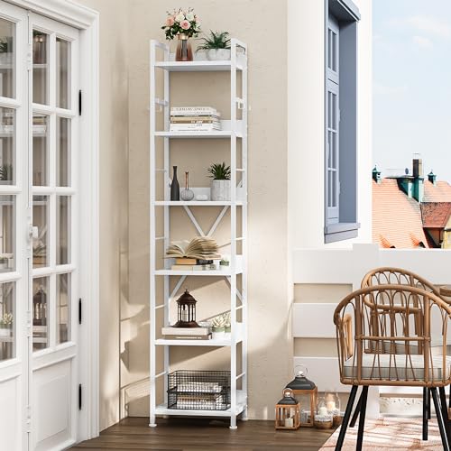 YITAHOME Bookcase 6 Tiers, Floor Standing Book Shelf with 4 Hooks, Wooden Shelf and Metal Frame Book Rack Industrial Tall Shelf Unit Storage for Living Room, Home Office, Pure White Bookshelf