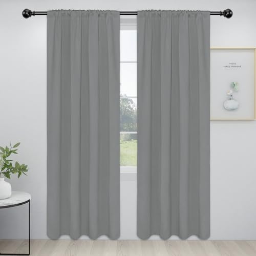 Easy-Going Rod Pocket Blackout Privacy Curtains for Bedroom, Room Darkening Window Curtains for Living Room, Thermal Insulated Noise Reduction Solid Window Drapes, 2 Panels (34x84 in, Light Gray)