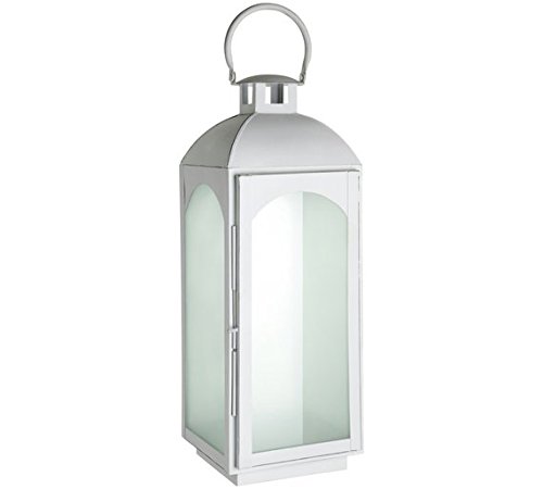 Premier Housewares Large Mild Steel Lantern White Wash Finish Frosted Glass Detail Small Size Display Pillar Candle d18 x h50 x w19 cm