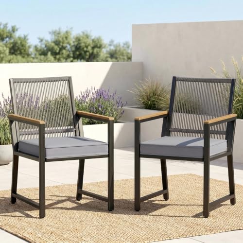Clevich Set of 2 Rattan Garden Chairs, Weatherproof Outdoor Chairs with 7 cm Removable Cushions, PE Rattan Backrest, Rust-Proof Metal Frame & WPC Armrests, Dining Chairs for Patio Balcony (Dark Grey)