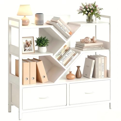 IRONCK Bookcase, Bookshelf with 2 Drawers, Storage Shelf with Wheels, Freestanding Shelf Metal Frame, Cube Shelf Unit for Living Room, Bedroom, Study Room, Office, 100x32x100cm (White)