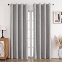 CUCRAF Curtain 100% Opaque Linen Curtains with Eyelets Grey White H 200 x W 140 cm Set of 2 Thermal Curtain Cold Protection Sound Insulation Curtain for Living Room Bedroom