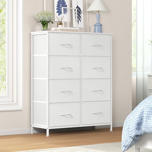 SONGMICS Chest of Drawers, 8 Fabric Drawers Storage Unit, Steel, MDF, Non-Woven Fabric, for Bedroom, Closet, Hallway, Living Room, Cloud White and Snow White LGS124WH01
