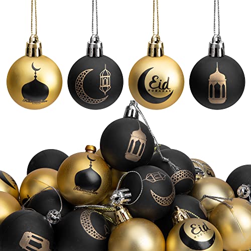 "24 PCS Ramadan Ornament Ball, 1.57"" Black Gold Eid Mubarak Hanging Balls, Ramadan Mubarak Ornaments for Islamic Muslim Tree Party Decor"