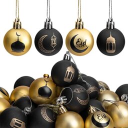 "24 PCS Ramadan Ornament Ball, 1.57"" Black Gold Eid Mubarak Hanging Balls, Ramadan Mubarak Ornaments for Islamic Muslim Tree Party Decor"