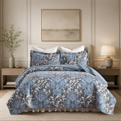 Cinefoso Floral Quilt Set Queen - Dimensional Botanical Bedspread - 100% Cotton Pre-Washed Luxury Coverlet with 2Pillow Shams, Elegant Grey