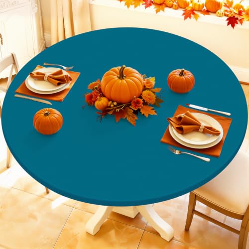 "Moosfor Round Spandex Tablecloth, Elastic Fitted Waterproof Tablecloths for 45""-56"" Tables, Stretch Washable Picnic Table Cover for Camping, Dining, Indoor and Outdoor,Peacock Blue"