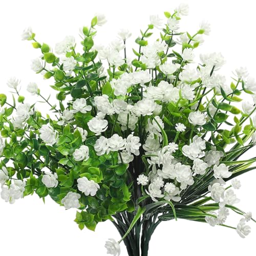 WILLBOND 12 Bundles Artificial Flowers Outdoor, UV Resistant Faux Artificial Plants Shrubs Plastic Flower Bulk for Hanging Planter Porch Window Home Spring Summer Decor(White)