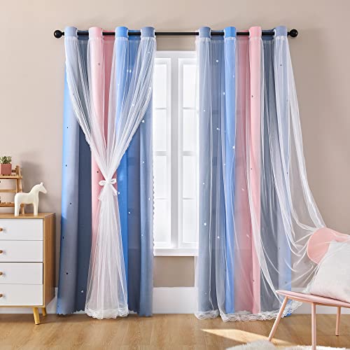 "XiDi Dreamy Curtains for Kids Rooms, Princess Blackout Curtain, Size 34""W x 72""L, Gray, Pink, Blue"