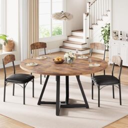 Jocoevol Round Dining Table and 4 Chairs Set of 4-6, Circle Dinner Table with Metal Frame, Space Saving Wood Industrial Furniture (Vintage, 51 inch)
