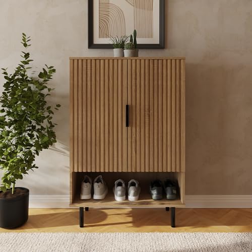 GFW Nervata Oak Multi Storage Cabinet with Ribbed Detailing, Shoe Storage & Open Shelving for Hallway or Living Room