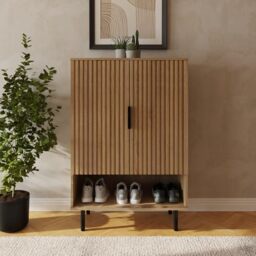 GFW Nervata Oak Multi Storage Cabinet with Ribbed Detailing, Shoe Storage & Open Shelving for Hallway or Living Room