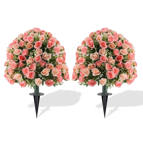 "Set of 2 Artificial Topiary Ball Trees with Rose Flowers, 24"" Fake Boxwood Shrubs for Outdoor with Ground Spike, UV Resistant No Fade Faux Greenery Plants for Indoor Garden, Patio, Porch (Pink)"