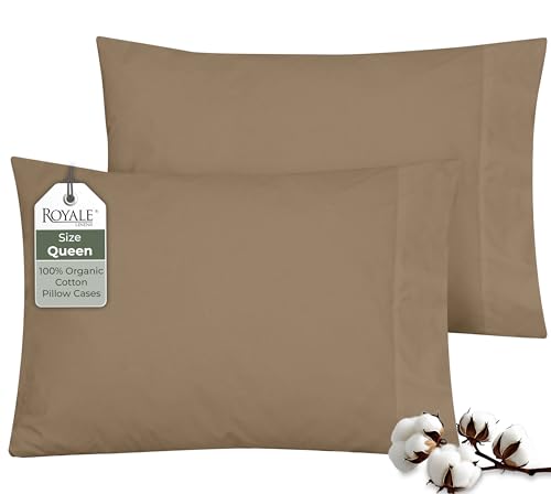 "ROYALE LINENS 100% Organic Cotton Percale Pillowcases Set of 2 - Queen Size Percale Pillowcase - Queen Set of 2 Pillow Cover - Breathable, Cool & Crisp Pillow Cases (20""x30"", Chocolate)"