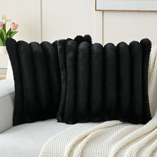 FUTEI Black Decorative Throw Pillow Covers 18x18 Inch Set of 2, Square Soft Faux Rabbit Fur Big Striped Cushion Cover,Home Decor for Couch Sofa Bed Living Room