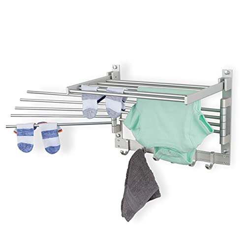 "Brightmaison BGT Wash Clothes Drying Rack Wall Mount Laundry Room Organizer with Hooks & Swing Arms, 17"" Metal Laundry Rack Silver"
