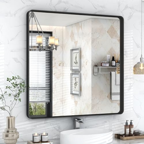 VANLIO 36x36 Inch Square Black Framed Bathroom Mirror for Wall, Matte Framed Bathroom Vanirty Mirror, Rounded Corners Rectangle Mirror, Tempered Glass, Anti-Rust