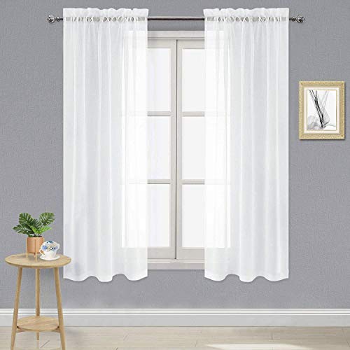 DWCN White Sheer Curtains 63 inch Length 2 Panels Set, Elegant Solid Color Kitchen Curtain for Small Window, Voile Top Dual Rod Pocket Curtains & Drapes for Living Room/Bedroom, 2pcs, Each W42 x L63
