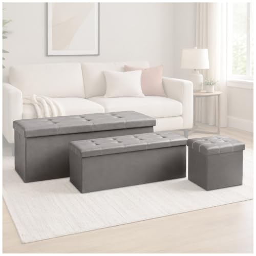 GC GAVENO CAVAILIA Leather Ottoman Storage Box Large With Lids, Grey - Faux Leather Fabric Folding Ottoman Storage Bench 76x38x38 cm - Toy Chest Storage Box For Bedroom, Hallway, Entryway