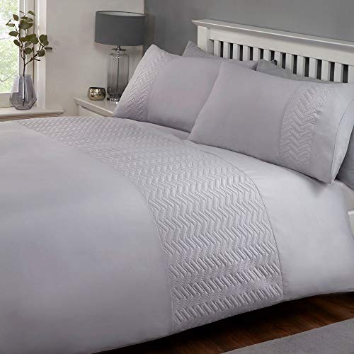 Rapport Porto Silver Duvet Set, Herringbone Pinsonic cuff detail,matching pillowcases