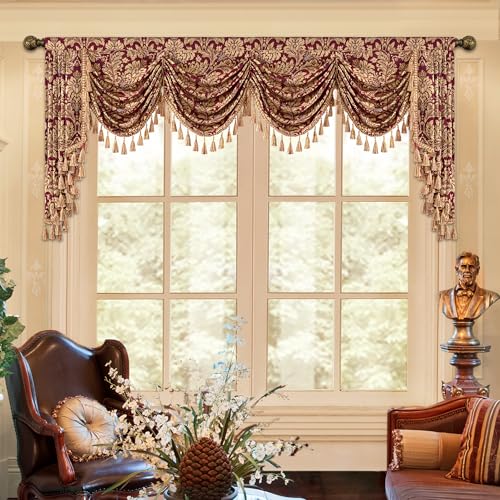 Loom and Mill Luxury Jacquard Waterfall Valance for Living Room, Classic Floral Damask Swag Valances with Tassels, Burgundy Red Swag Curtains for Bedroom Window Christmas Decoration(W110Inch,1 Panel)