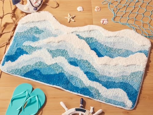 "DyeFury Large Blue Ocean Wave Bath Mat, Cute Funky Bathroom Rugs for Coastal Beach Nautical Themed Decor, Non-Slip Washable Accent Rug for Bedroom Kitchen, Trendy Tufted Shower Mats 47""x 24"""