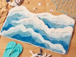 "DyeFury Large Blue Ocean Wave Bath Mat, Cute Funky Bathroom Rugs for Coastal Beach Nautical Themed Decor, Non-Slip Washable Accent Rug for Bedroom Kitchen, Trendy Tufted Shower Mats 47""x 24"""
