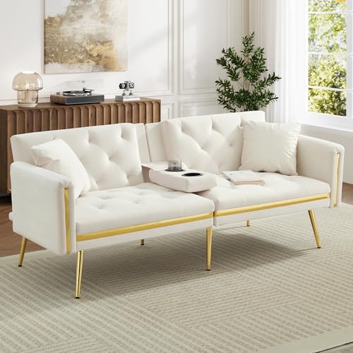 Ball & Cast 3 Seater Sofa Bed with Adjustable Backrest, Gold Accents and Built-in Cup Holders, 3 Seater Sofa/Folding Bed for for Living Room and Bedroom, White