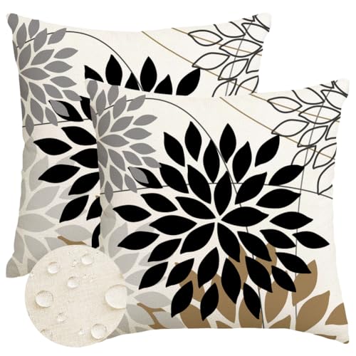 RABUSOFA Outdoor Pillow Covers Waterproof,20x20 Inch Flower Cushion Case Set of 2 Decoration for Patio Furniture Garden Couch Black Tan Brown(B-20)