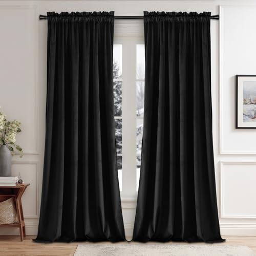 JIUZHEN Black Velvet Curtains Blackout Long Curtain Shades Thermal Insulated Room Deco Blackout Draperies/Drapes for Kitchen/Living Room/Bedroom, 2 Panels, 52W x 120L
