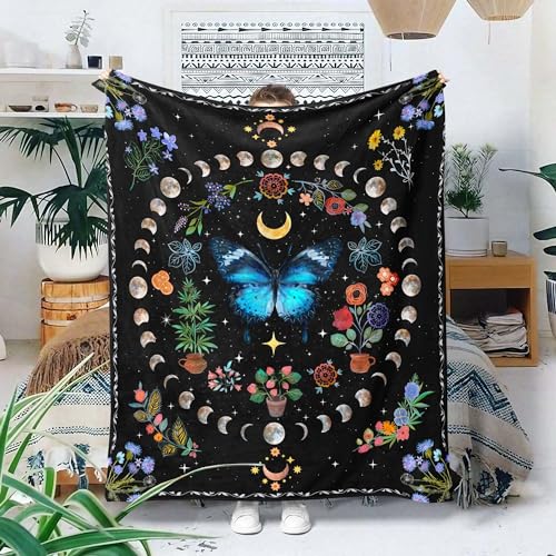 Lifeel Blue Butterfly Moon Flower Fleece Throw Blanket, Botanical Floral Plant Boho Cozy Decor Nap Blankets for Sofa Bed Couch Chair or Dorm Throws 68??90 inch