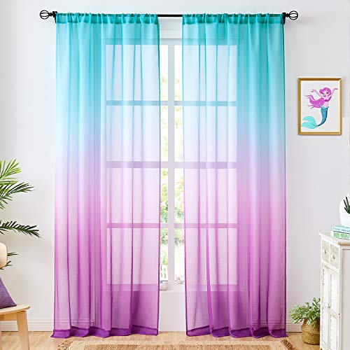 July Joy Faux Linen Ombre Sheer Curtains Blue and Purple 2 Tone Reversible Rod Pocket for Girls Bedroom, Privacy and Light Filtering Semi Gradient Window Curtain Pair, Set of 2 Panels, 54 x 96 inch