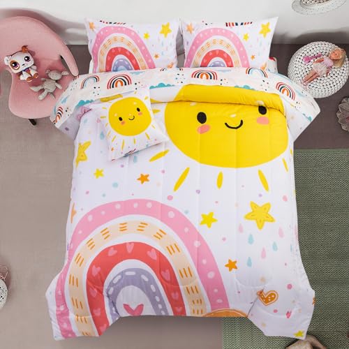 A Nice Night Bedding 6 Pcs Cartoon Rainbow Bedding Set with Smile Sun Printed for Boys Girls Bed Comforter Sets, Bed Sheets (White, Twin)