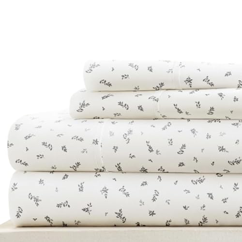 "Linen Market Double-Brushed Patterned Microfiber Full Sheet Set 4 Piece ??? Oeko-TEX Certified Ultra Soft & Wrinkle-Free - 16"" Deep Pocket Sheets - Easy Care Full Size - Spotted Leaves Light Gray"