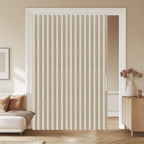 AJAZZ 100% Blackout Curtains Accordion Door Invisible Folding Door Curtain for Bedroom Living Room Doorway Curtain Sets Included Tracks (1 Pack, 73W x 79 L, Beige)
