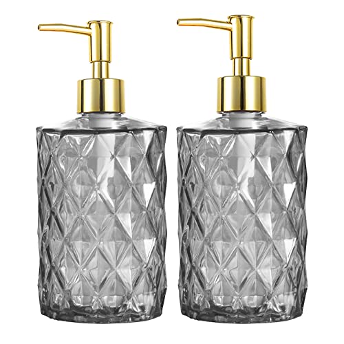 HOHAOO Versatile Glass Soap, 14 Oz Dripless Pump Bottle, Refillable Liquid Hand Jar Dispenser for Bathroom, Countertop, Kitchen, Laundry Room(2 Pack, Grey-Diamond Streak