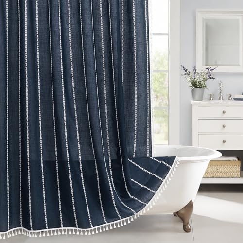 MitoVilla Boho Farmhouse Shower Curtains for Modern Farmhouse Bathroom Decor, Navy Country Thick Polyester Linen Fabric Shower Curtain, Rustic Tassel Cloth Shower Curtain, 72 x 72, Navy