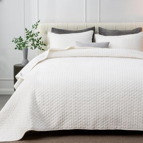 Powdion Luxury Velvet Quilt King Size, Lightweight 3PCS King Quilt Bedding Set with 2 Pillow Shams 20x26, Oversized Queen Bedspread, All-Season Ultra-Soft Comforter for Bedroom Home Decor Cream White